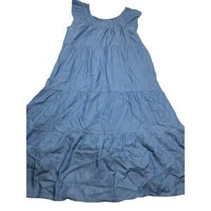 LOFT Chambray Tiered Dress M Blue Sleeveless Ruffle Cotton Lyocell NWT